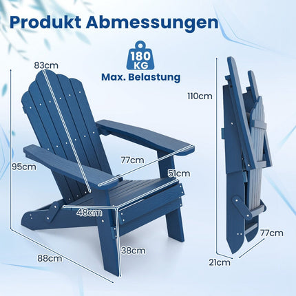 Chaise Adirondack pliante, HIPS résistante aux intempéries, bleu marine
