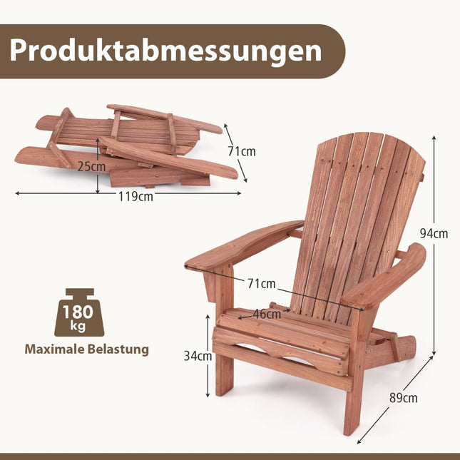 Chaise Adirondack pliante, en bois, capacité de 180 kg