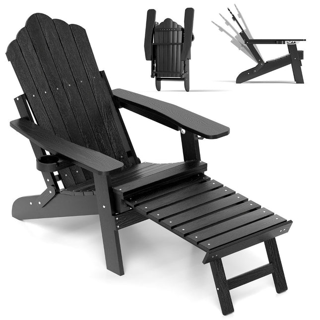 Klappbarer Adirondack-Stuhl mit Fußstütze und verstellbarer Rückenlehne, Gartenstuhl mit Getränkehalter, Schwarz