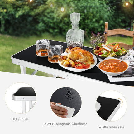 Faltbarer Aluminium-Campingtisch mit 2 Ablageflächen, Schwarz
