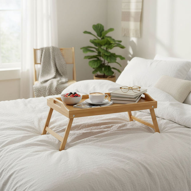 Zusammenklappbares Bambusbett-Tablett mit Handy- & Tablet-Halterung
