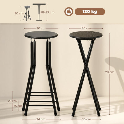 Tabourets de bar pliants, acier et MDF, lot de 2, noirs