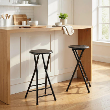 Tabourets de bar pliants, acier et MDF, lot de 2, noirs