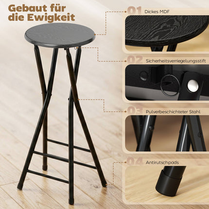 Tabourets de bar pliants, acier et MDF, lot de 2, noirs