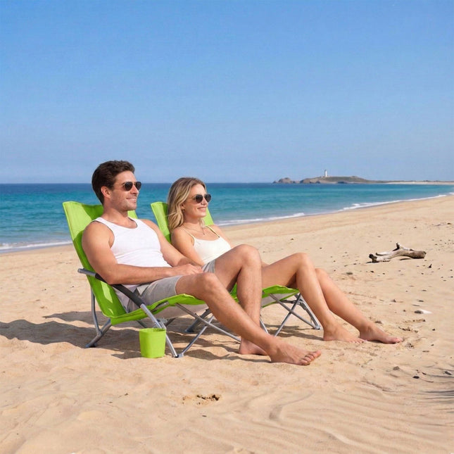 Klappbarer Strandstuhl mit Getränkehalter und Tragetasche