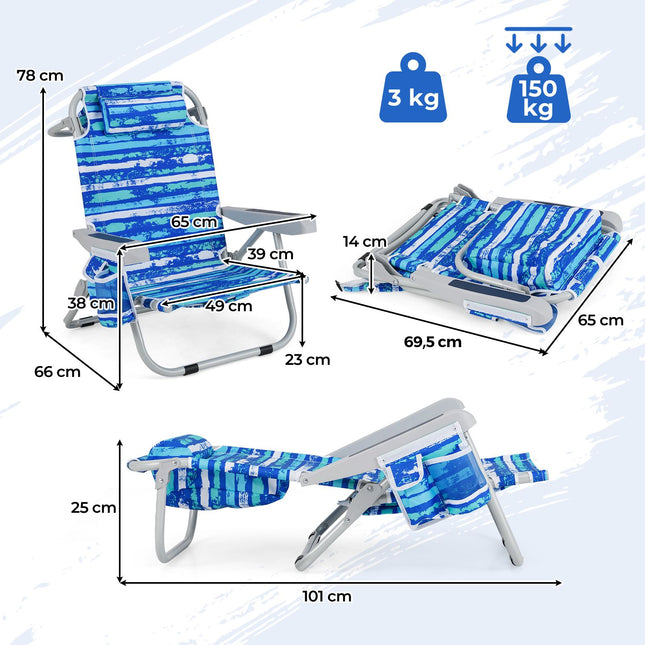 Klappbarer Strandstuhl mit verstellbarer Rückenlehne, blaue Streifen