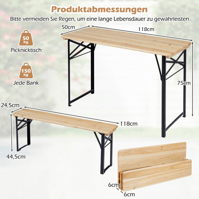 Ensemble de jardin pliant avec table et 2 bancs, 118 cm