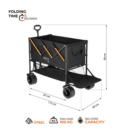 Chariot de camping pliable, capacité 160 L, noir et orange