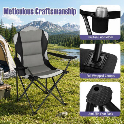 Chaise de camping pliante, noire, dossier haut, porte-gobelet