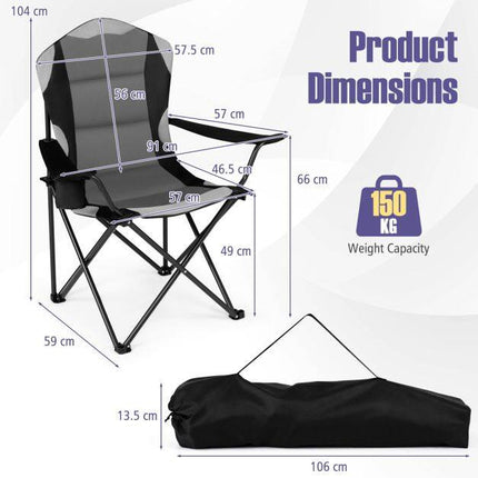 Chaise de camping pliante, noire, dossier haut, porte-gobelet