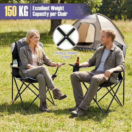 Chaise de camping pliante, noire, dossier haut, porte-gobelet