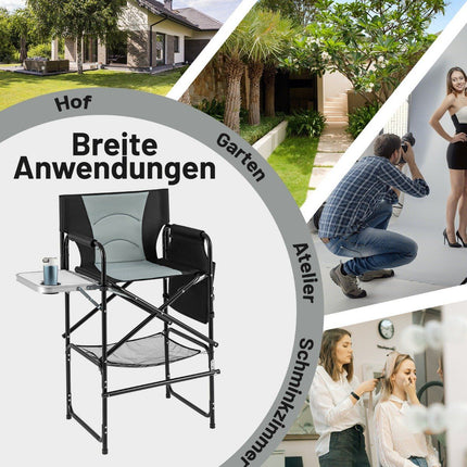 Faltbarer Campingstuhl mit Beistelltisch und Fußstütze, Schwarz/Grau
