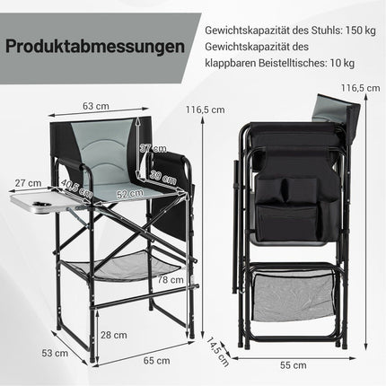 Faltbarer Campingstuhl mit Beistelltisch und Fußstütze, Schwarz/Grau