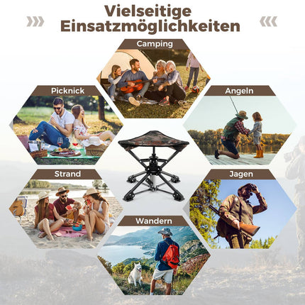 Tabouret de camping pliable, pivotant à 360°, pieds anti-enfoncement