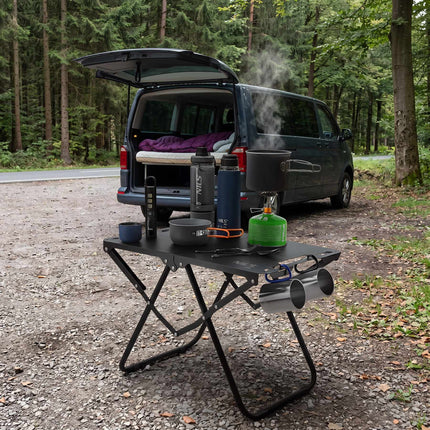 Table de camping pliante, noire, structure en acier avec housse