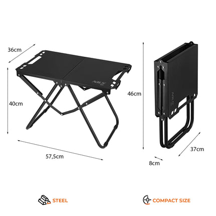 Table de camping pliante, noire, structure en acier avec housse