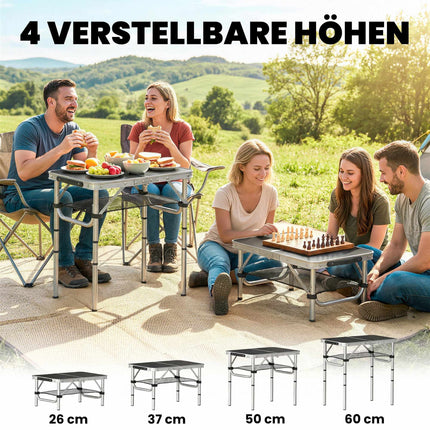 Table de camping pliante en aluminium avec filet et hauteur réglable.