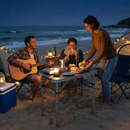 Table de camping pliante en aluminium avec filet et hauteur réglable.