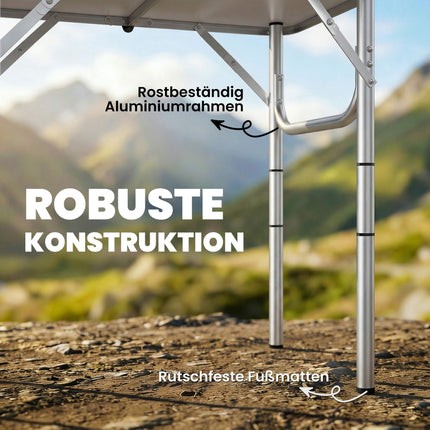 Table de camping pliante en aluminium avec filet et hauteur réglable.