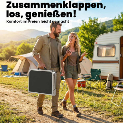 Table de camping pliante en aluminium avec filet et hauteur réglable.