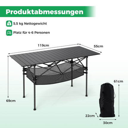 Table de camping pliante avec plateau en aluminium enroulable, noire