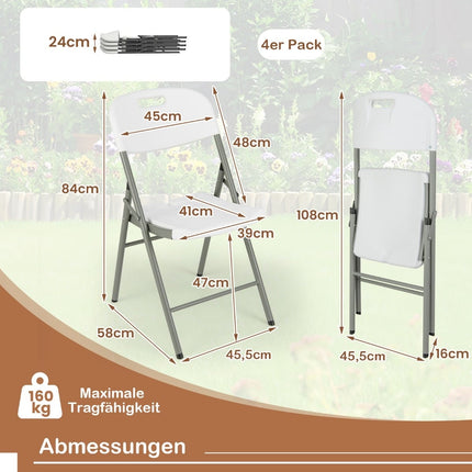 Ensemble de 4 chaises pliantes, structure en métal, blanches, portables