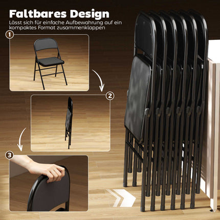 Ensemble de 6 chaises pliantes, revêtement en similicuir noir, structure en acier