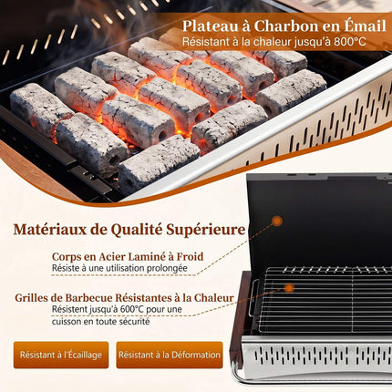 Barbecue à charbon pliable, hauteur réglable, ventilation sur 4 côtés