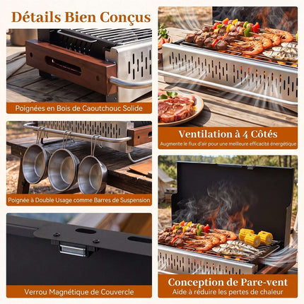 Barbecue à charbon pliable, hauteur réglable, ventilation sur 4 côtés