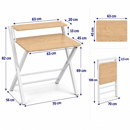 Folding Computer Desk with Monitor Riser, 2 Levels, Natural Wood Effect, White