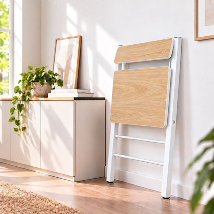 Folding Computer Desk with Monitor Riser, 2 Levels, Natural Wood Effect, White