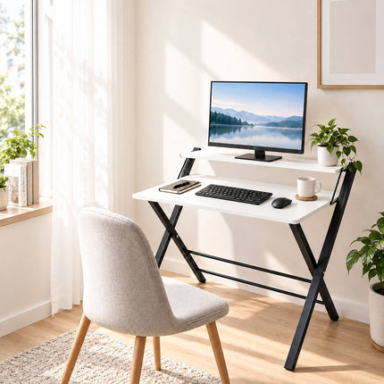 Folding Computer Desk with Monitor Riser and 2 Levels, 20 kg Load, Black Frame
