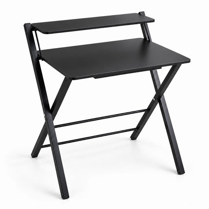 Folding Computer Desk with Monitor Shelf and X-Shaped Frame, Black