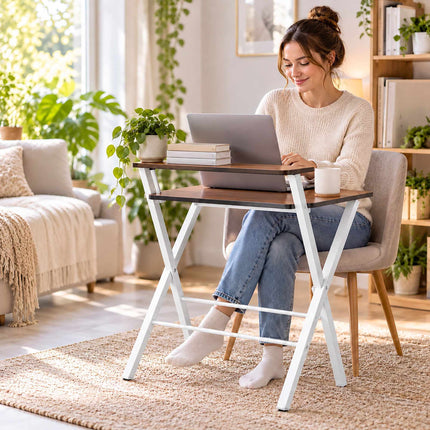 Folding Computer Desk with Monitor Stand, 2 Tiers, Brown Wood Look, White Frame