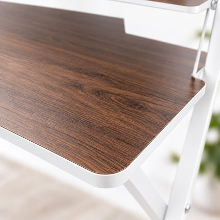 Folding Computer Desk with Monitor Stand, 2 Tiers, Brown Wood Look, White Frame