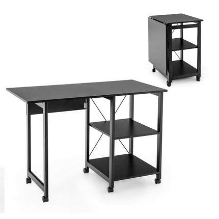 Klappbarer Computertisch mit Regalen & Rollen, Schwarz