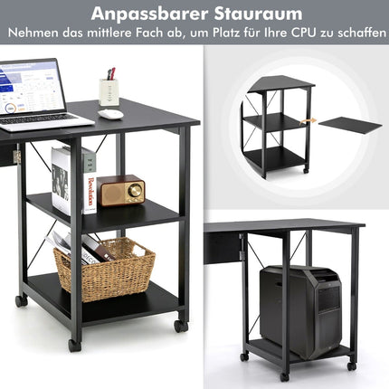 Klappbarer Computertisch mit Regalen & Rollen, Schwarz