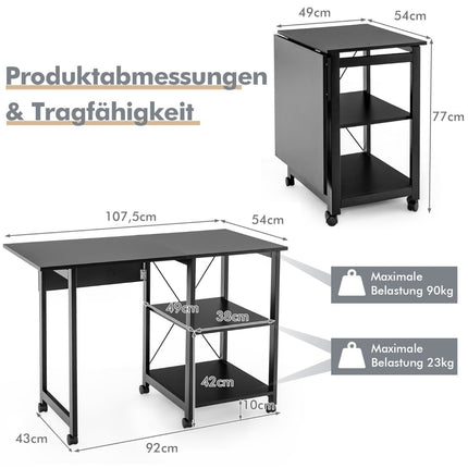 Klappbarer Computertisch mit Regalen & Rollen, Schwarz