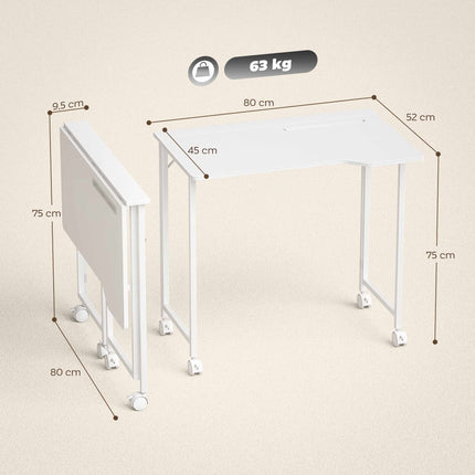 Bureau d'ordinateur pliable à roulettes, blanc, 80 x 52 cm