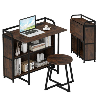 Bureau pliant avec prise de courant, tabouret et étagères, 90 x 55 x 83 cm
