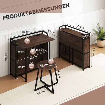 Bureau pliant avec prise de courant, tabouret et étagères, 90 x 55 x 83 cm