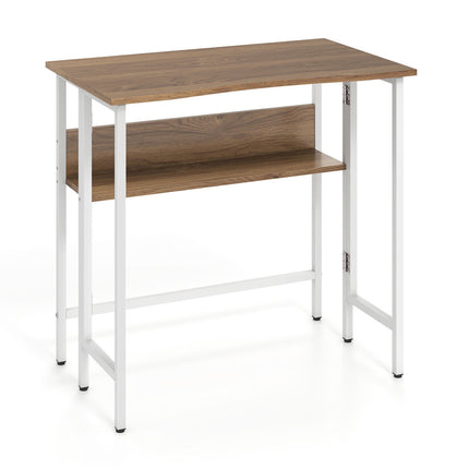 Bureau pliant avec étagère de rangement et abattant, naturel