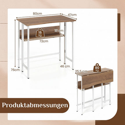 Bureau pliant avec étagère de rangement et abattant, naturel