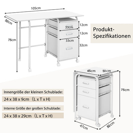 Bureau d'ordinateur pliable à roulettes 105 x 50 x 75 cm Blanc