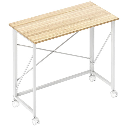 Bureau pliant à roulettes, gain de place, structure en acier et MDF, couleur naturelle