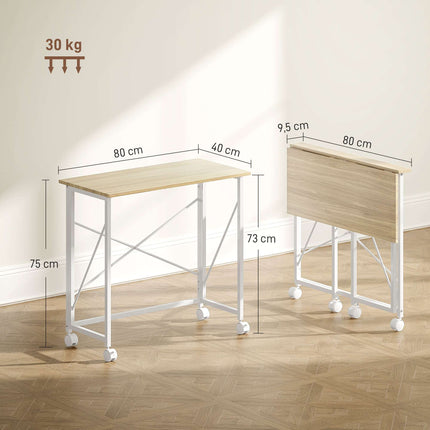 Bureau pliant à roulettes, gain de place, structure en acier et MDF, couleur naturelle