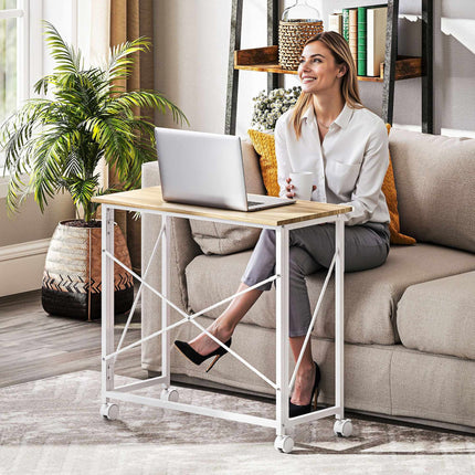 Bureau pliant à roulettes, gain de place, structure en acier et MDF, couleur naturelle