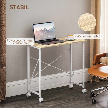 Bureau pliant à roulettes, gain de place, structure en acier et MDF, couleur naturelle