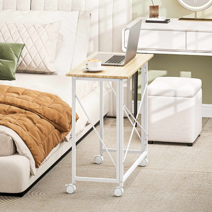 Bureau pliant à roulettes, gain de place, structure en acier et MDF, couleur naturelle