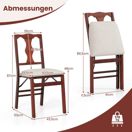 Ensemble de chaises de salle à manger pliantes, sièges rembourrés, structure en bois, beige/marron